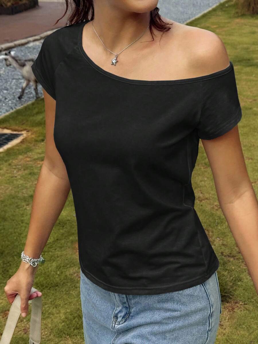 Jouncy Women's Casual Versatile Solid Color Asymmetric Collar T-Shirt, Summer - Black - View 1