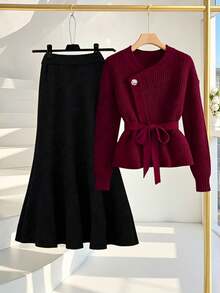 Franclia 欧美新博主风优雅酒红色精致金属扣斜襟腰带可拆卸立体腋下条纹，搭配黑色大A字毛衣裙，女士毛衣两件套，冬季女装，秋季女装，秋季女装，新年新年装扮，感恩节女装，派对婚礼，优雅休闲奢华，圣诞节新年派对，毕业舞会，角色扮演，新年外出上衣，毕业典礼优雅时尚休闲通勤商务办公日常休闲百搭都市教师职业装 - 彩色 - 查看 1