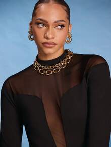 Normani Mock Neck Sheer Mesh Panel Long Sleeves Bodysuit - Black - View 6