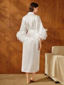 Anewsta Feather Patchwork Belted Robe Luxe Loungewear, Vacation, Fall  Cozy And Elegant Details, Winter Robe - White - View 2