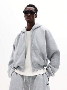 SUMWON 超大款全拉链连帽衫，带中央口袋和抽绳帽，长袖休闲卫衣外套，纯色 - 灰色 - 查看 4