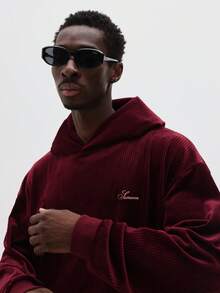 SUMWON 常规款套头连帽衫，罗纹针织，休闲套头衫，带抽绳帽，秋冬季纯色卫衣 - 酒紅色 - 查看 5