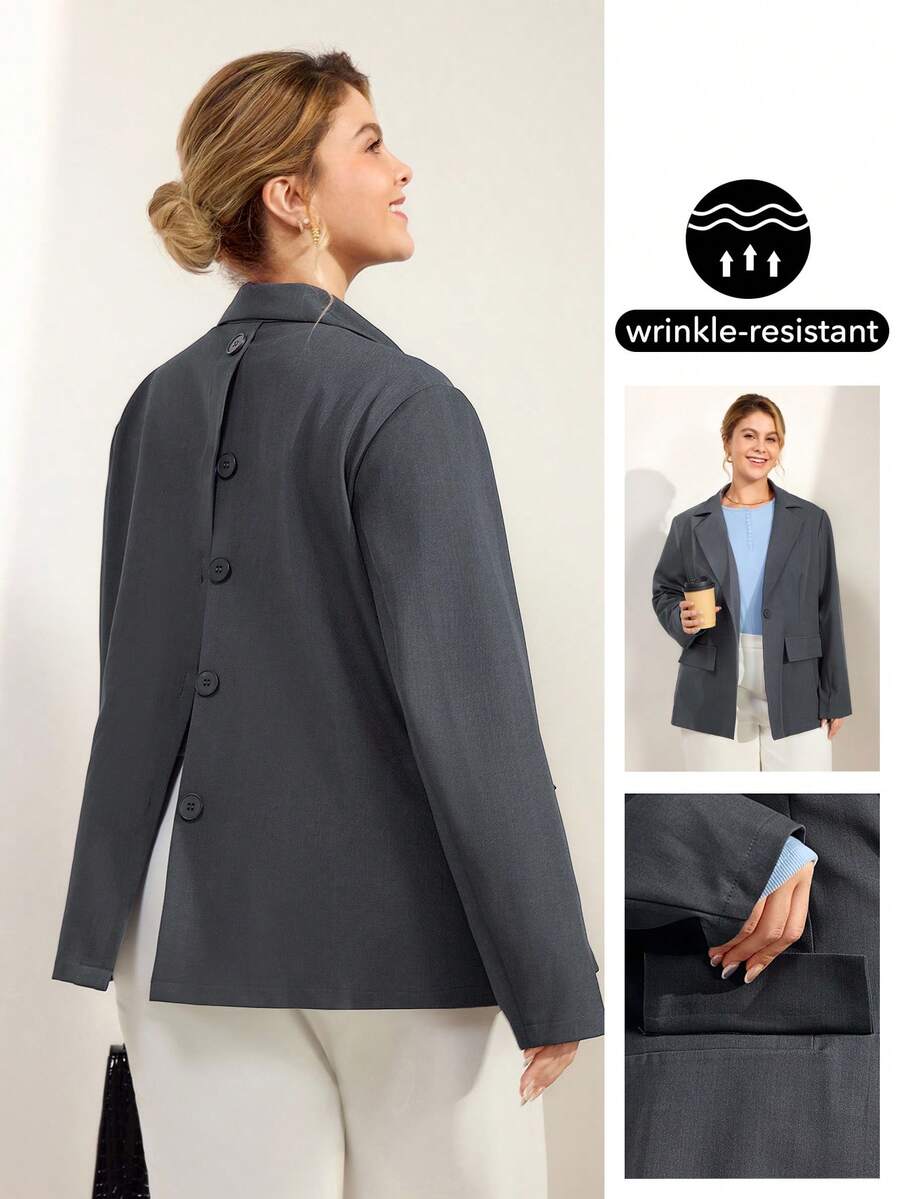 Momelise Áo khoác Blazer nữ màu xám thường ngày có thể tháo rời có chi tiết ve áo - Xám - Xem 1