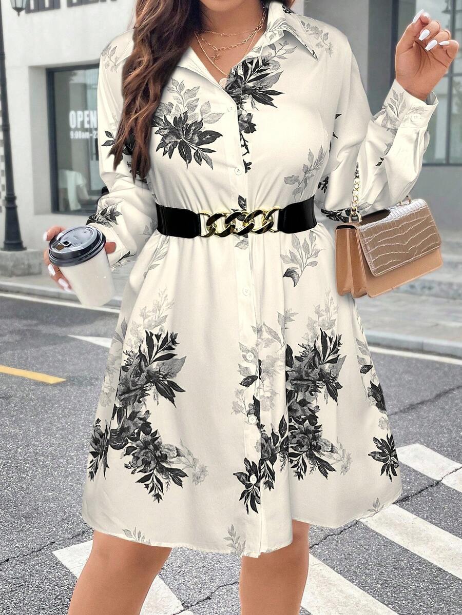 SHEIN Clasi Plus Size Long Sleeve Belt Buckle Decor Waist A-Line Minimalist Commuting Casual Midi Dress - Multicolor - View 1