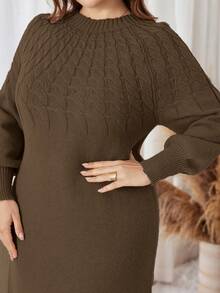 Lacomfia Gaun Rajut Elegan Wanita Ukuran Besar dengan Motif Kabel, Leher Bulat, Lengan Raglan, Lengan Panjang, Musim Gugur/Musim Dingin - Coffee Brown - View 3