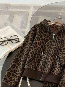 Resyla 2 件豹纹拉链连帽衫套装，休闲通勤风格，送给朋友的礼物 - 卡其色 - 查看 3