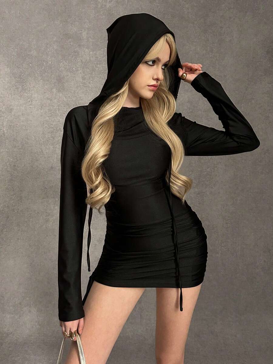 Ardnt 黑暗朋克风格甜辣末日主题派对收腰针织长袖连帽不对称下摆独特设计女式连衣裙，秋季 - 黑色 - 查看 1