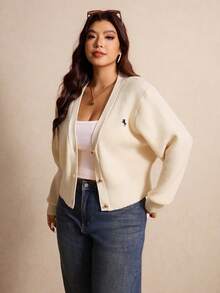 Elaquor Plus Size Women Casual Solid Color Embroidered Cardigan, Autumn/Winter - Apricot - View 5