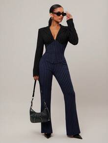 Radiana Women's Elegant Sexy Blue And Black Striped Contrast Color Suit Set, Fitted Blazer + Low-Waist V-Neck Flared Pants 2-Piece, Fashionable Casual Business Wear, Commuting Outfit, Professional Attire, Suitable For Daily Outings, Dates, Parties, And Formal Occasions