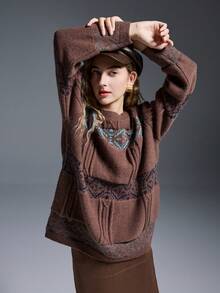 INAWLY Women's Retro Geometric Pattern Sweater, Autumn/Winter - Coffee Brown - View 6