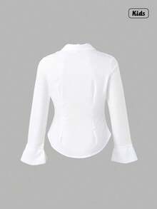 Sweetra 青少年女孩印花修身纽扣长袖休闲衬衫、秋季上衣 - 白色 - 查看 2