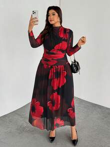 SHEIN Privé Plus Size Black And Red Autumn Elegant Party Cocktail Dress,Floral Mesh Elastic Print,Stand Collar,Shoulder Waist Ruching,Long Sleeve Flared Hem - Multicolor - View 7
