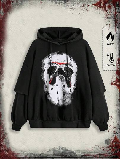 Friday the 13th X ROMWE Women's Mask Pattern Long Sleeve Hooded 2 In 1 Sweatshirt