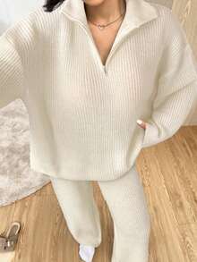 SHEIN EZwear Women's Casual Apricot Zippered Drop Shoulder Sweater And Knitted Pants Sweater Two Pieces Suit, Autumn And Winter, Fall,Fall,Fall Clothes For Women