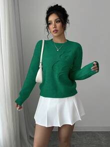 Elenzga 女式圆领花卉图案纯色套头毛衣 - 綠色 - 查看 4