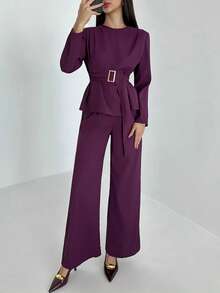 Aloruh Conjunto de 2 piezas de camisa y pantalones de unicolor elegante para mujer - Morado - Ver 1