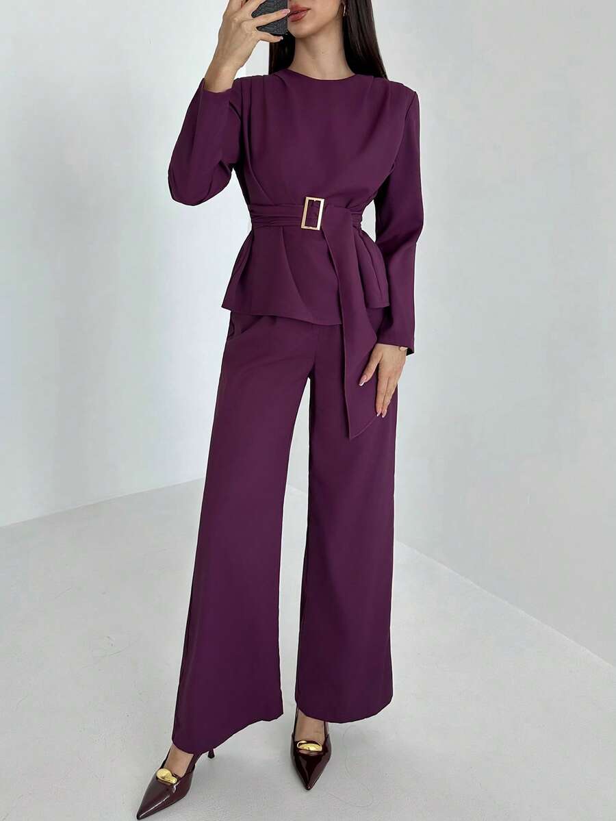 Aloruh Conjunto de 2 piezas de camisa y pantalones de unicolor elegante para mujer - Morado - Ver 1