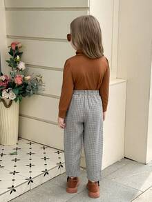 SHEIN Elladie kids 年轻女孩纯色高领泡泡袖上衣和格子裤 2 件套，秋季休闲装 - 棕色 - 查看 2