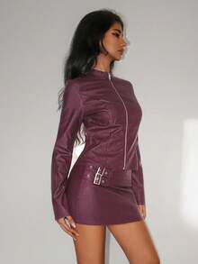 Jeanoix Set de 2 piese pentru femei, jachetă din piele PU cu mânecă lungă și fermoar în față, culoare solidă, și fustă mini bodycon, la modă pentru toamnă