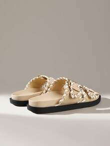 Solecia Handmade Stitched Thick Sole Double Buckle Casual Slide Sandals - Khaki - View 5