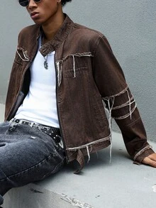 Manfinity EMRG Men's Casual Fashion Street Stand Collar Distressed Fringe Zip-Up Denim Long Sleeve Jacket, Spring/Autumn Slim Fit Frayed Hem Party Urban Washed Denim Jacket For Boyfriend & Husband - Coffee Brown - View 3