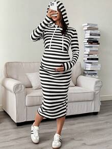 SHEIN Maternity Casual Striped Hooded Nursing Dress, Autumn Elegant  Pregnant Dress Long Sleeve Maternity Dress Striped Maternity Dress Pregnant Clothes Matching Women Sets Striped Two Piece Set Maternity 2 Piece Set 2 Piece Sets For Women - Black and White - View 2
