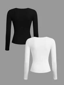 Tseoso 97% Cotton, 2pcs Black & White Casual Crew Neck Long Sleeve Fitted Long T-Shirt Set For Women, Elegant, Warm And Breathable, Clean Girl Style, Suitable For Autumn & Winter, Vintage, Soft Girl, Home, Back To School, Fall Women Clothes, Versatile. - Multicolor - View 2