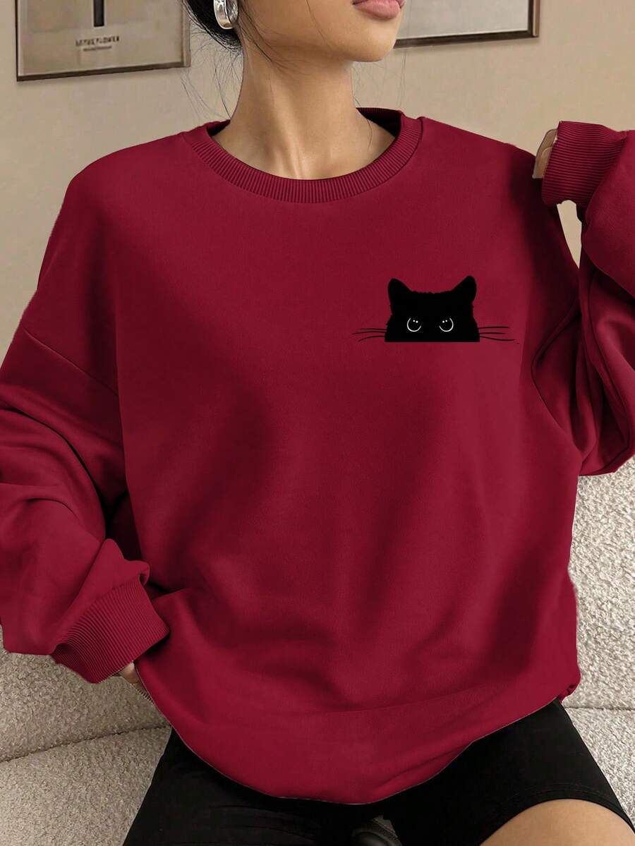 SHEIN EZwear 可爱黑猫偷窥图案休闲简约酒红色圆领加厚宽松长袖卫衣,适合秋冬季新年派对 - 酒紅色 - 查看 1