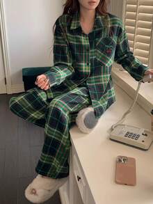 DAZY Women's Plaid Embroidered Strawberry Pattern Pajama Set, Autumn/Winter - Green - View 1