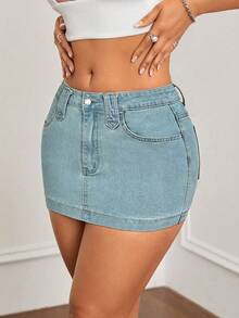 SHEIN ICON Chân váy bút chì denim giặt có túi thường ngày dành cho nữ - Rửa nhẹ - Xem 6