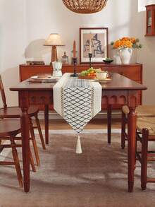 1pc Boho Table Runner Macrame Table Runners For Home Decor ,Cream & Brown Macrame Table Runner With Tassels For Boho Dining Bedroom Decor Rustic Bridal Shower,Farmhouse Rustic Table Runner,Place Mat,Thanksgiving Christmas Home Decor (Multiple Sizes Available) - black line - View 2