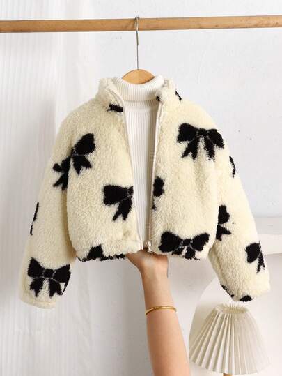 SHEIN Young Girl Pattern Stand Collar Long Sleeve Zip Up Mock Neck Thermal Teddy Jacket , Fleece Cardigan ,Warm & Comfortable ,Great For Casual & Daily Wear & School Daily In Autumn & Winter, Cute Jacket, Girl Clothes Autumn And Winter Clothes, Young Girl Warm Furry Jacket Kids Jacket Girl Jacket Bow Jacket