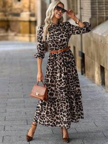 Solivie 女士豹纹简约长袖连衣裙，休闲日常穿着 - 彩色 - 查看 4