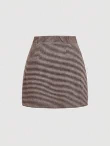 SHEIN MOD Jupe portefeuille casual à carreaux pied-de-poule grande taille, jupe rétro pour fête de Noël, jupe marron, automne, Thanksgiving, jupe en tweed/hiver