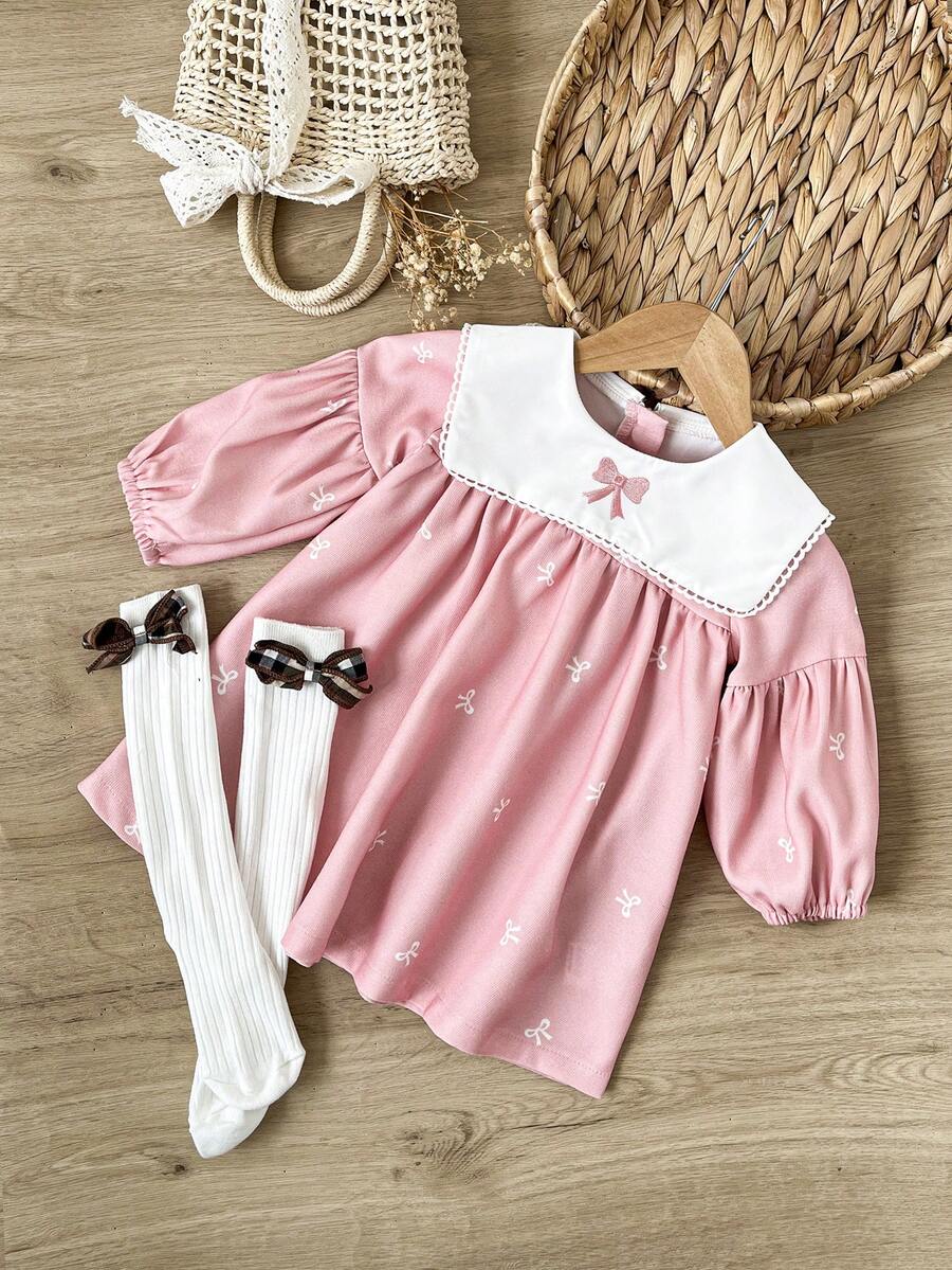 SHEIN 女婴/女宝宝复古优雅蝴蝶结装饰长袖泡泡袖连衣裙 - 粉色 - 查看 1
