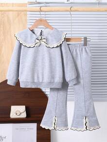 少女甜美可爱长袖彼得潘领卫衣搭配杏色喇叭裤套装，时尚简约通勤秋冬 - 灰色 - 查看 1