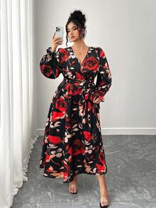 Elenzga Váy maxi chữ A tay phồng cổ chữ V cỡ lớn dành cho nữ, mùa thu đông - Nhiều màu - Xem 6