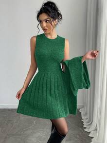 Elenzga Women's Fashion Casual Solid Color Sweater Dress 2 Pieces Set - Green - View 6