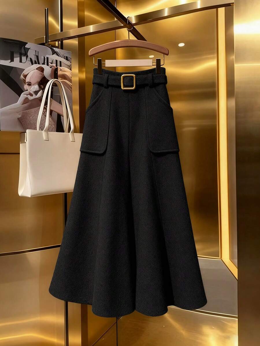 Franclia 女士纯色口袋A字裙，优雅通勤 - 黑色 - 查看 1