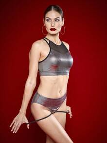 Menodora SHEIN Sport Women's Casual Sports Mesh Patchwork Tank Top Set - Silver - View 6