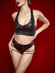 Menodora SHEIN Sport 女士仿鳄鱼纹运动文胸和镂空内裤套装 - 棕色 - 查看 3