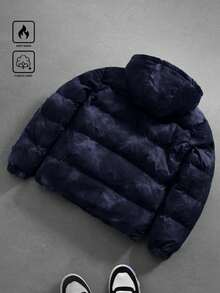 PAVTROS Abrigo de invierno con capucha, de manga larga, versátil y con gráfico de letras de moda para hombres. Abrigo de invierno acolchado y abrigado para hombres, con forro térmico - Azul - Ver 2