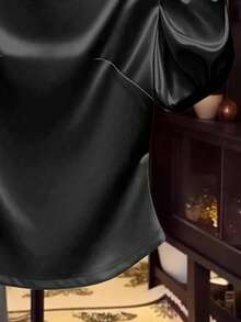 Franclia Áo thun tay phồng satin thời trang nữ thường ngày - màu đen - Xem 4