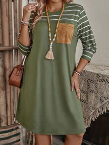 EMERY ROSE 大码女式条纹口袋连衣裙 - 軍綠色 - 查看 3