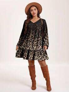 EMERY ROSE Plus Size Casual Ombre Leopard Print Dress New Year Party - Multicolor - View 3