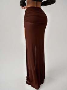 SHEIN ICON 女式高开叉黑色网眼褶饰腰性感度假金属装饰半身裙