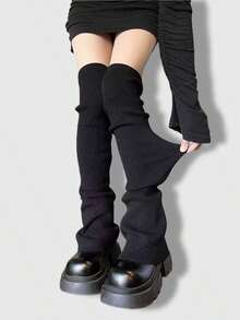 ROMWE Kawaii 女士加长条纹腿套一双，保暖 - 黑色 - 查看 1