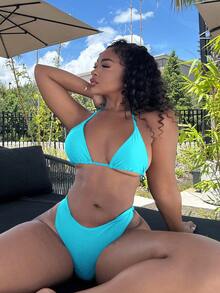 Alexandranx 女性夏季海灘純色領口項目二件套比基尼套裝，隨機印花 - 藍色 - 查看 1