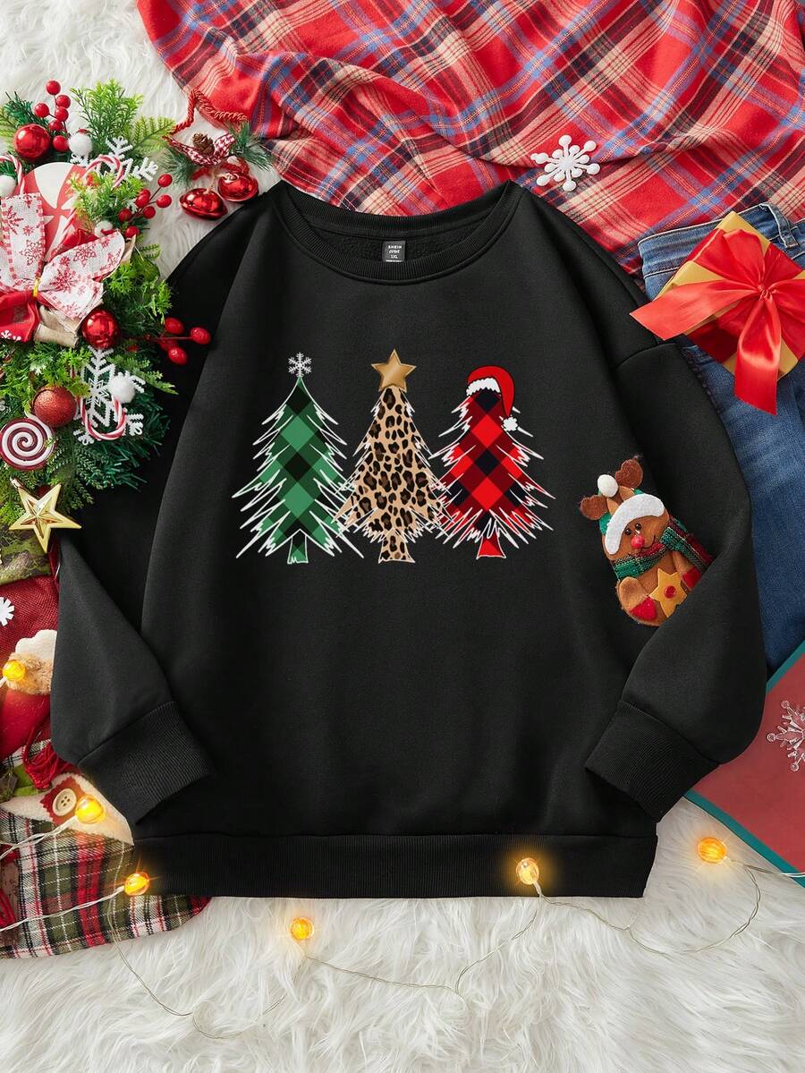 SHEIN LUNE Christmas Tree & Leopard Print Pattern Loose Fit Crew Neck Long Sleeve Sweatshirt For Women, Suitable For Party, New Year, Autumn/Winter - Black - View 1