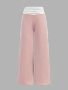 Tween Girls' Casual Contrast Foldover Waist Wide Leg Sweatpants, Spring/Summer Back To School Season - Pink - View 6